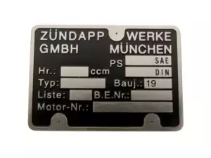 Engine plate Zündapp 1A quality (etched) Engine plate Zündapp 1A quality (etched)
